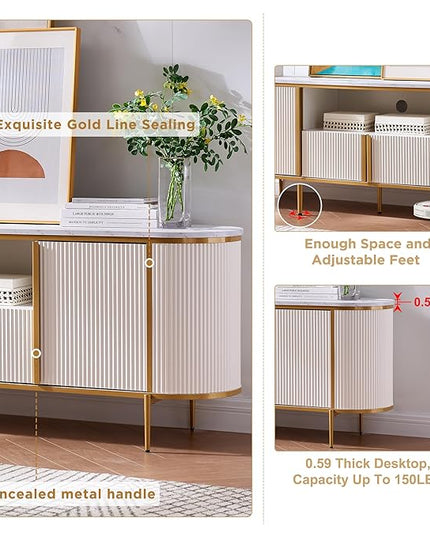 OKD Luxury 70" Fluted TV Stand, Modern Chic Entertainment Center for TVs Up to 80 inches, TV Console with Faux Marble Top, Curved Profile Design, Media Console for Living Room, Off White