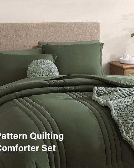 Monbix Queen Comforter Set - 7 Pieces Olive Green Bed in a Bag Queen Bedding Sets with Comforters, All Seasons Down Alternative Comforter Bed Set with Sheets, Pillowcases & Shams