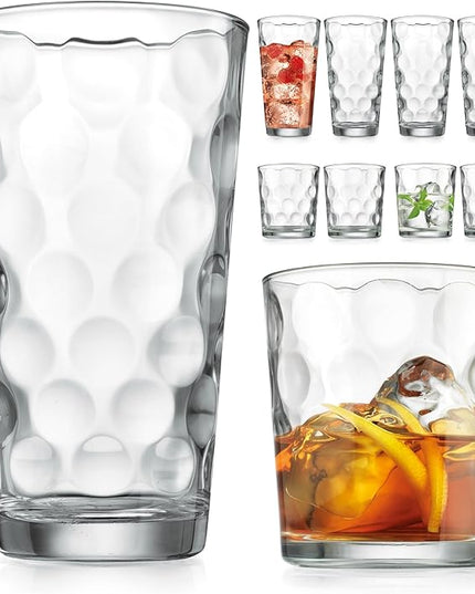 Home Essentials & Beyond Glassware Drinking Glasses Set Of 8 4 Highball (17 oz.) Kitchen Glasses | 4 (13 oz.) Rocks Glass Cups for Water, Juice and Cocktails.