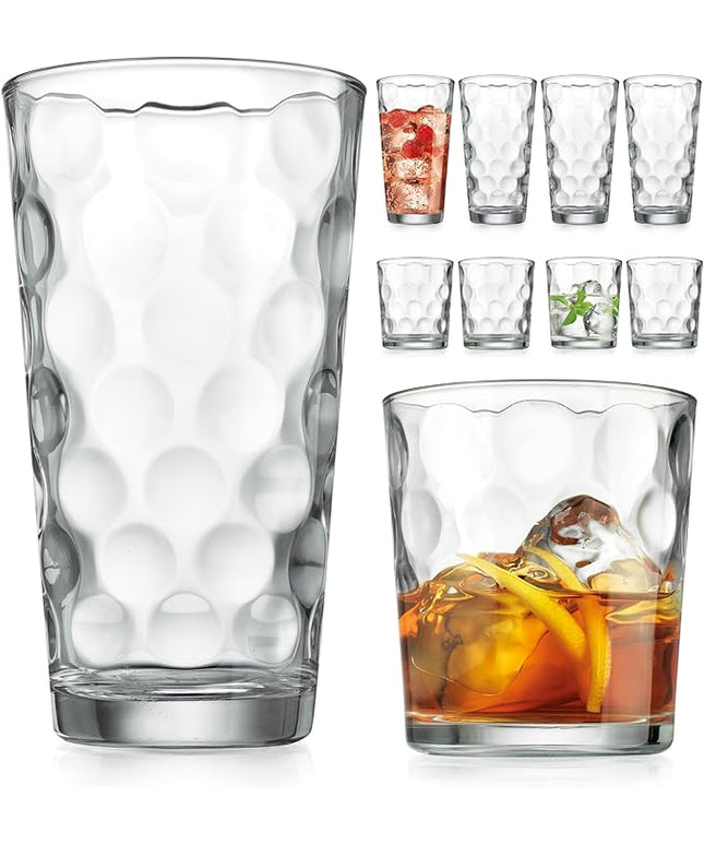 Home Essentials & Beyond Glassware Drinking Glasses Set Of 8 4 Highball (17 oz.) Kitchen Glasses | 4 (13 oz.) Rocks Glass Cups for Water, Juice and Cocktails.