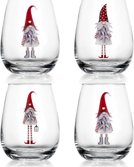 Elegant Home Set of Four (4) 20oz Holiday Festive Gnomes Christmas Stemless Clear Wine Glass For Red Or White Wine