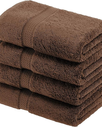 Superior Egyptian Cotton Pile Hand Towel Set of 4, Ultra Soft Luxury Towels, Thick Plush Essentials, Absorbent Heavyweight, Guest Bath, Hotel, Spa, Home Bathroom, Shower Basics, Chocolate