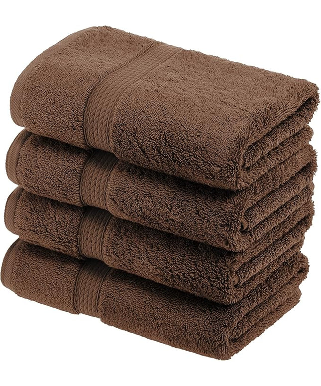Superior Egyptian Cotton Pile Hand Towel Set of 4, Ultra Soft Luxury Towels, Thick Plush Essentials, Absorbent Heavyweight, Guest Bath, Hotel, Spa, Home Bathroom, Shower Basics, Chocolate