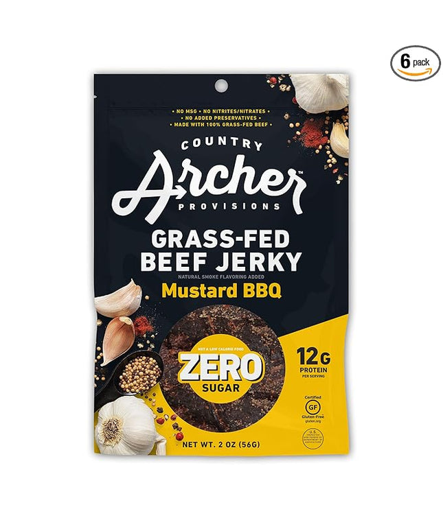 Country Archer Grass Fed Beef Jerky Mustard BBQ - Zero Sugar Beef Jerky, Sugar Free Beef Jerky Snack Pack, Mustard BBQ Beef Jerky Bulk, Individual Beef Jerky Pack, Gluten Free, Paleo- 2 oz (Pack of 6)