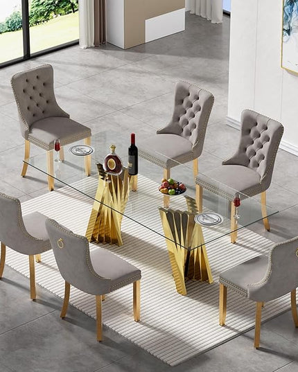 7 Piece Glass Dining Table Set,70" Dinner Room Glass Table Set for 6,Modern Kitchen Dinner Table Set with Stainless Steel Base and 6 Upholstered Velvet Dining Chairs for Living Dining Room
