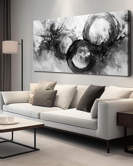 JuhaiArt White Wall Decor Art for Living Room Office Abstract Canvas Wall Art Black Circle Picture Art 29" x 59" Large Modern Poster Artwork
