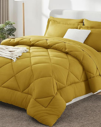 CozyLux Full Size Comforter Sets Mustard Yellow - 7 Pieces Bed in a Bag Full, Luxury Soft Bed Set for All Seasons, Bedding Set with Down Alternative Comforter, Sheets, Pillowcases & Shams