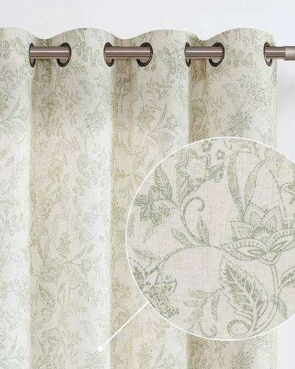 Lazzzy Linen Farmhouse Curtains for Living Room 63 Inch Length Floral Print Window Curtains Semi Sheer Drapes for Bedroom Country Light Filtering Curtain Grommet Top 2 Panels Green on Beige