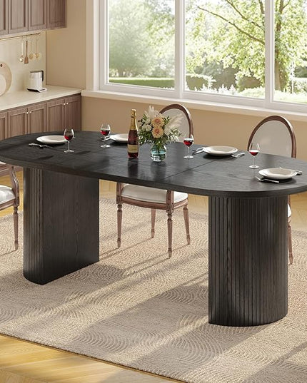 ONBRILL 70.8 Inch Dining Table for 4-6, Oval Dining Room Table with Curved Fluted Wood Strip Base, Mid-Century Modern Kitchen Tables with Footpads, Dinner Tables for Living Room, Dining Room, Black