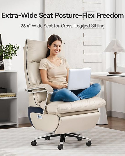 M80A Dual Motor Electric Executive Office Chair with Footrest, Comfortable Reclining Office Chair Wide Seat, Big and Tall Ergonomic Leather Home Office Desk Chair (Beige,Multi-Functionality)