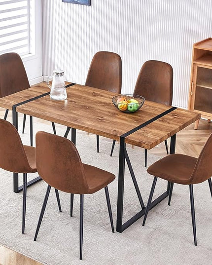 7 Piece Dining Table Set，Dinner Table Set for 6，55'' Kitchen Table and Suede Nap Fabic Chairs Set of 6，6 Chair Dining Table Set for Kitchen Dining Room