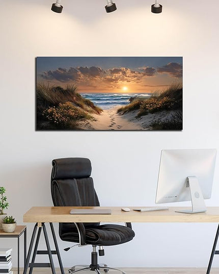 Sunset Canvas Wall Art Brown Wall Decor Seascape Art Print Landscape Wall Decorations Large Blue Picture 24" x 48" Coastal Artwork for Living Room Bedroom Office
