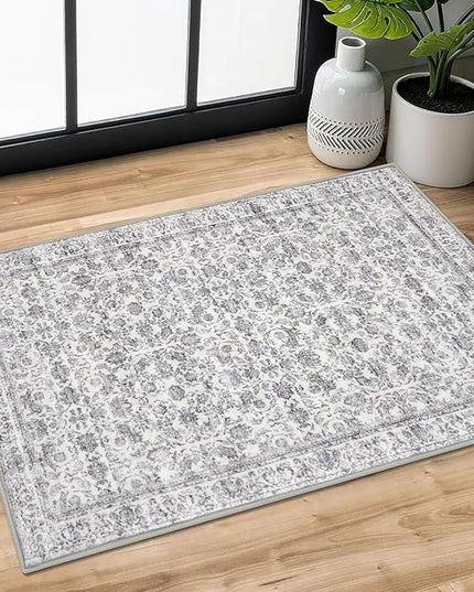 2x3 Washable Rug Soft Area Rug for Entryway, Grey Non-Slip Indoor Door Mat Distressed Floral Low-Pile Kitchen Rugs, Neutral Vintage Carpet for Entrance Kitchen Bedside Farmhouse
