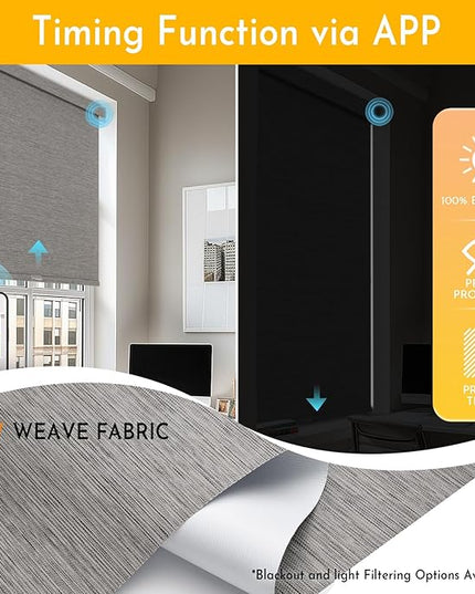 Persilux Smart Motorized Blinds with Remote, No Drill Automatic Roller Shades for Indoor Windows, Blackout Linen Fabric, Electric Blinds for Windows, Weave Blend Smoke C162BO-7, Custom Size