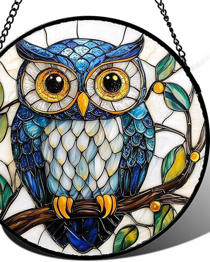 Stained Glass Window Hanging, Owl Gifts for Women Sun Catchers Diamond Glass Panel Hangings Birds Suncatcher Decor for Birthday for Women, Men, Wife, Aunt, and Mom 6.3 in