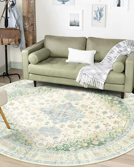 MUJOO Round Rugs 6ft,Circle Area Rug Washable,Circular Rugs for Living Room Dining Room,Large Boho Non Slip Throw Carpet Light Green and Blue