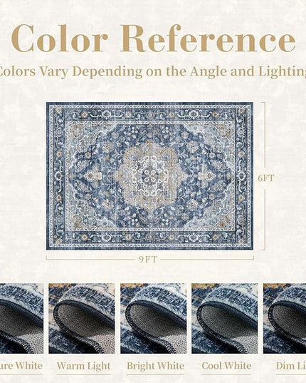 PADOOR-Vintage Area Rug 6X9 Rugs for Living Room-Soft Blue Rugs for Bedroom-Machine Washable Rugs Non Slip Carpet-Rug for Dining Room Living Room Bedside Office