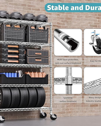 5-Shelf Storage Shelves,Wire Shelving Heavy Duty Metal Storage Shelving Unit Adjustable Garage Shelving Rack Pantry Kitchen (Chrome, 5 Tier,17.7" D x 47.2" W x 76.7" H)