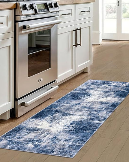 IOHOUZE Abstract Runner Rug 2x6 Ft Washable Runners for Hallways, Non Slip Kitchen Runner Printed Faux Wool Entryway Runner Indoor, Modern Abstract Floor Carpet for Hall Kitchen Bedroom, Navy/Grey