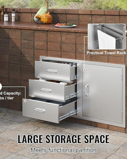 VEVOR BBQ Island Drawers 38.1W x 22.6H x 20.8D, Outdoor Kitchen Door Drawer Combo Cabinets, BBQ Access Door/Triple Drawers Combo, Stainless Steel Handles, Perfect for BBQ Island Patio Grill Station