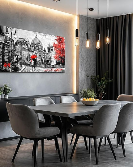 Black and White Buildings and Lovers Holding Umbrellas Under Street Lamps Canvas Art Print Artwork Wall Art for Living Room bedroom Wall Decor，Modern Home Decor Watercolor wall painting decoration