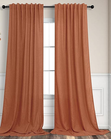 Pitalk Boho Curtains for Bedroom 2 Panels Rust Terracotta Colored Rod Pocket Back Tab Door Curtains Linen Sheer Bohemian Curtain for Living Room Ceiling to Floor Length Extra Wide 52 x 96 Inch Long