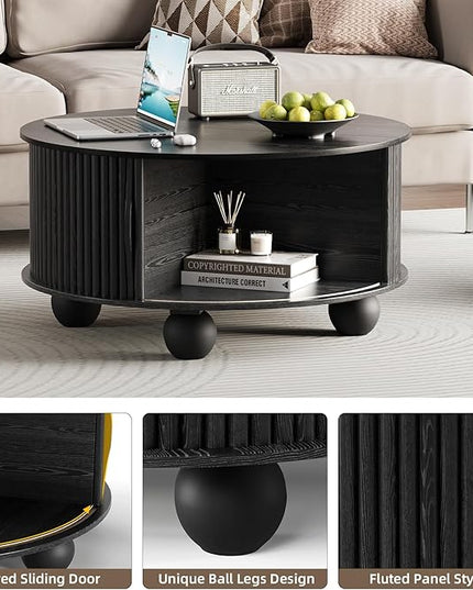 Round Coffee Table with Storage, 31.5" Circle Coffee Table with Sliding Door & Bun Feet, Fluted Center Table for Living Room, Home Small Space, Black