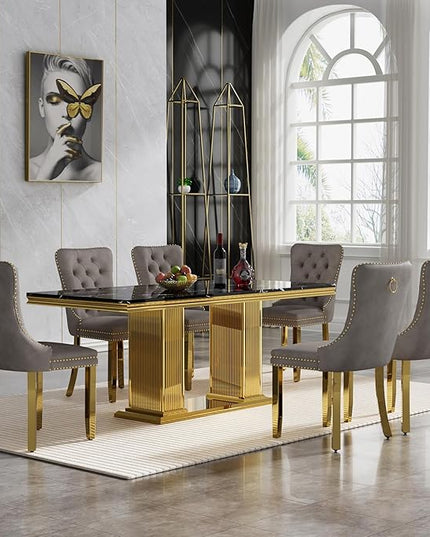 HomVent 68.11'' Faux Marble Dining Table Set for 6, Modern Rectangle Kitchen Table Set with Faux Marble Table Top & Stainless Steel Base for Kitchen Dining Room