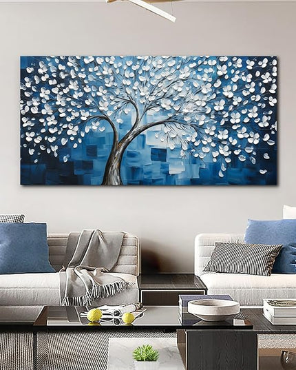 SSNEEKNDG Blue Tree of Life Wall Art for Bedroom White Flower Tree Large Artwork for Living Room Office Kitchen Modern Aesthetic Pictures Canvas Prints 29"x58"
