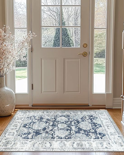 jinchan Fiora Floral 3x5 Area Rugs for Entryway - Machine Washable Taupe Vintage Distressed Design Doormat Non-Slip Ultra-Thin Low Pile Boho Rug for Kitchen Living Room Farmhouse (3‘x5', Dark Blue)