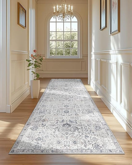 jinchan Kalen Runner Rug 3x10 Washable Hallway Rug Vintage Indoor Thin Retro Floor Cover Distressed Gray Floral Country Lightweight Non Slip Carpet for Entryway Bathroom Bedroom Living Room Grey