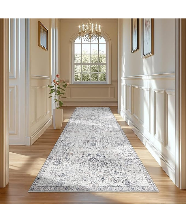jinchan Kalen Runner Rug 3x10 Washable Hallway Rug Vintage Indoor Thin Retro Floor Cover Distressed Gray Floral Country Lightweight Non Slip Carpet for Entryway Bathroom Bedroom Living Room Grey