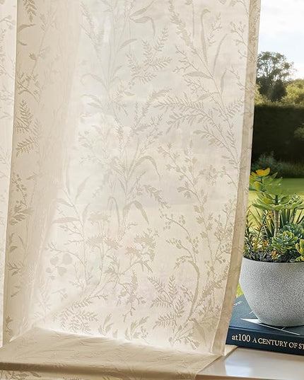 Anmao Taupe Semi Sheer Light Filtering Curtains 96 Inches Long 2 Panels, Leaf Pattern Drapes for Living Room Bedroom, Rod Pocket Sheer Window Treatments with Floral Design, 52x96 Inch