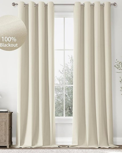 ChrisDowa 100% Blackout Birch Solid Curtains 120 Inches Long 2 Panels for Bedroom Living Room,Farmhouse Room Darkening Thermal Insulated Soundproof Grommet Top Window Treatment Drapes,52x120