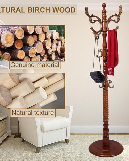 Coat Rack Freestanding with 18 Hooks, Wooden Standing Coat Racks for Entryway, Solid Wood Clothes Hanger Rack with Sturdy Round Base for Entryway, Hall, Bedroom, Office, Hallway (Caramel color)