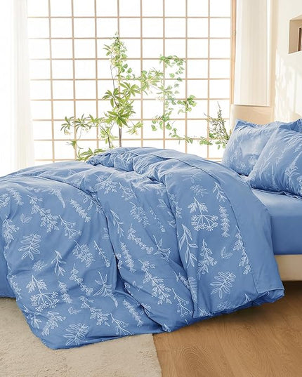 MUXHOMO Ice Blue Bed in a Bag King 7 Pieces, King Comforter Set Reversible Botanical Flowers Design, Ultra Soft & Breathable Bedding Sets with Comforter, Sheets, Pillowcases & Shams