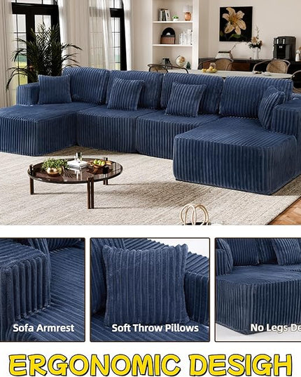 132" U Shaped Boneless Couch, Cloud Sectional Modular Sofa with Double Chaise Lounge, Corduroy Cloud Couch with Pillows & Deep Seat, Boneless Sofa for Living Room, Blue