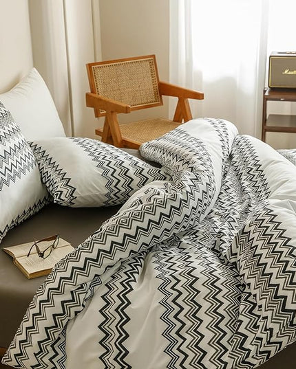 Houseri Black and White Boho Comforter Set Queen Black Wave Farmhouse Bedding Sets Queen Size Women Men Artistic Stripes Geometric Bed Set Soft Comfy Lightweight Quilt Blanket Queen