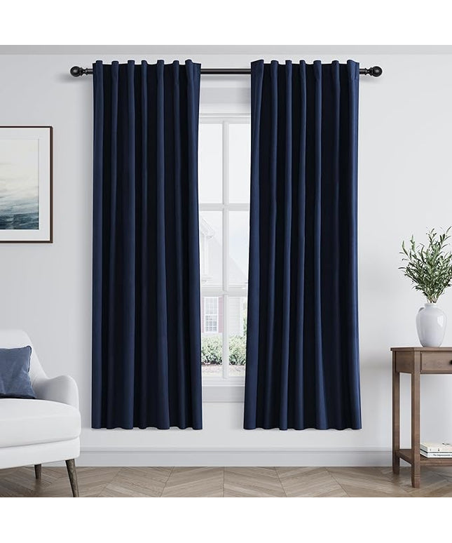 Guken Navy Blue Linen Blackout Curtains 63 Inch Length 2 Panels Set for Living Room Bedroom Back Tab Thermal Insulated 100% Black Out Linen Drapes Room Darkening Window Curtains 63 Inches Long