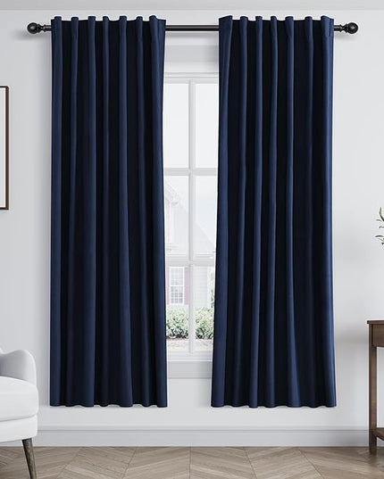 Guken Navy Blue Linen Blackout Curtains 72 Inch Length 2 Panels Set for Living Room Bedroom Back Tab Thermal Insulated 100% Black Out Linen Drapes Room Darkening Window Curtains 72 Inches Long