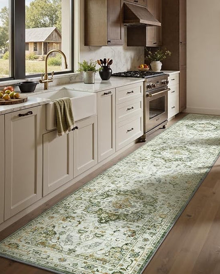 PADOOR-Vintage Runner Rug 2X10 Runners for Hallways-Soft Green Washable Bedside Rugs for Bedroom-Non Slip Long Rug for Hallways Entryway Laundry Room Stair Kitchen Bathroom