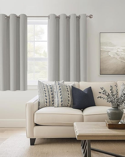 ChrisDowa 100% Blackout Light Grey Solid Curtains 54 Inches Long 2 Panels for Bedroom Living Room,Farmhouse Room Darkening Thermal Insulated Soundproof Grommet Top Window Treatment Drapes,52x54