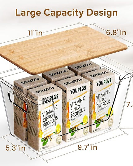 Criusia 2 Set Pantry Organizers and Storage with Bamboo Lids, Stackable Clear Bins for Onion, Potato, Fruit, Vegetables, Trash Bag Dispenser, Kitchen and Under Sink Organizer