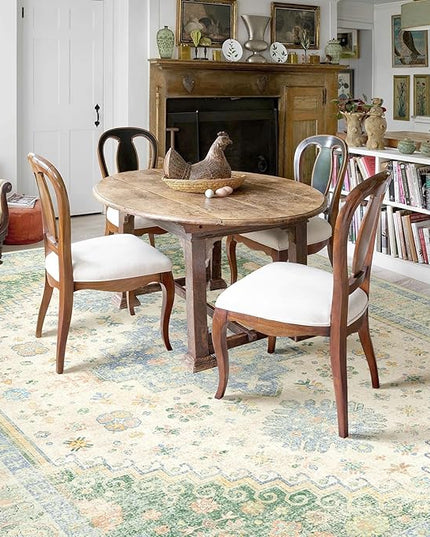 MUJOO 9x12 Area Rug,Washable Rugs for Living Room Bedroom Dining Room,Boho Large Non Slip Throw Carpet Indoor,Low Pile Light Green and Blue