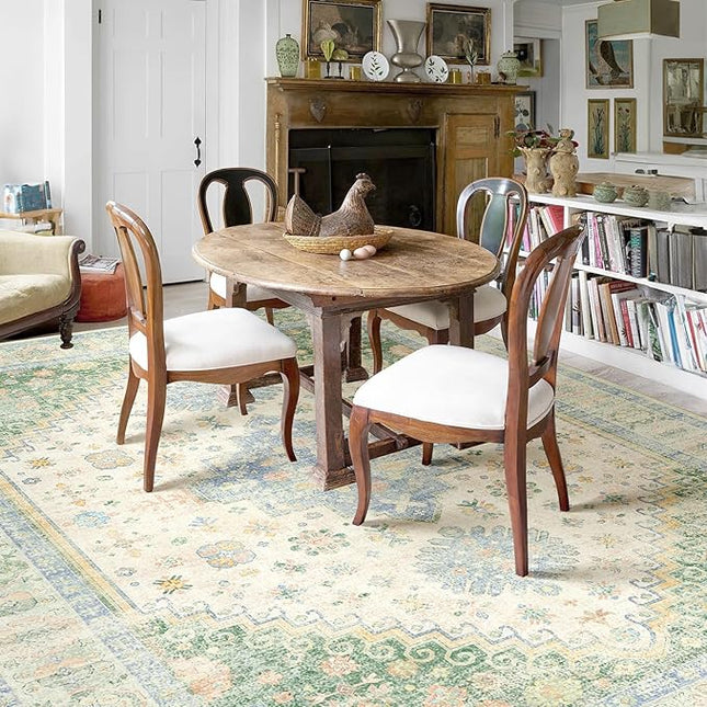 MUJOO 9x12 Area Rug,Washable Rugs for Living Room Bedroom Dining Room,Boho Large Non Slip Throw Carpet Indoor,Low Pile Light Green and Blue