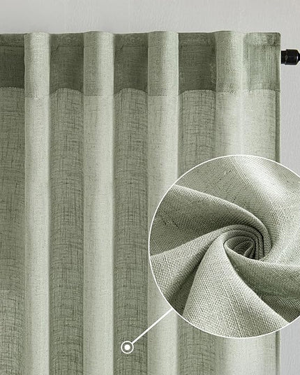 MIULEE Sage Linen Curtains 63 Inch Length 2 Panels for Bedroom Living Room,Green Soft Thick Linen Textured Kitchen Window Drapes Semi Sheer Light Filtering Back Tab Rod Pocket Burlap Look Decor