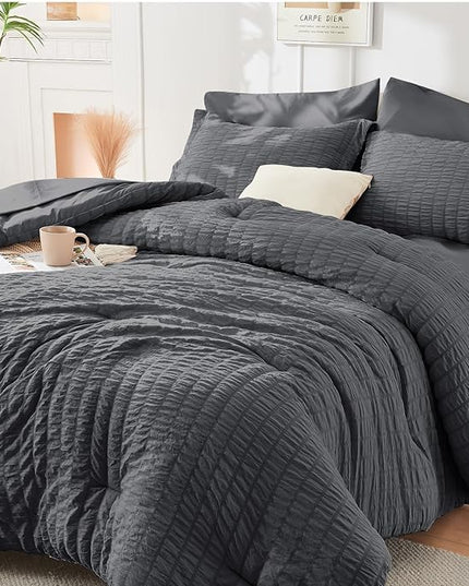 HYMOKEGE California King Comforter Set Seersucker 7 Pieces, All Season Luxury Bed in a Bag for Bedroom, Bedding Set with Comforters, Sheets, Pillowcases & Shams, Dark Grey