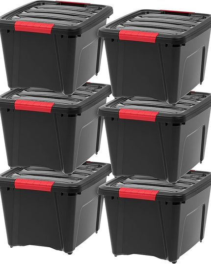 IRIS USA 19 QT Plastic Storage Box with Lid and Latches - 6 Pack - BPA-Free, Garage Organizing Solution, Durable Nestable Stackable Containers, Secure Pull Handle - Black