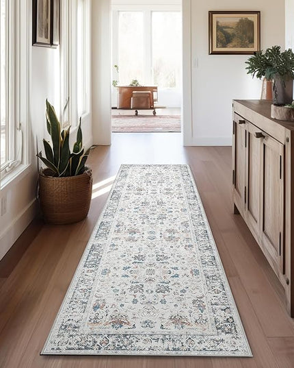 jinchan Runner Rug 2x6 - Hallway Rug Kitchen Washable Runner Vintage Floral Boho Lightweight Thin Non-Slip Retro Distressed Carpet for Entryway Bathroom Bedroom Laundry Room Grey Multi