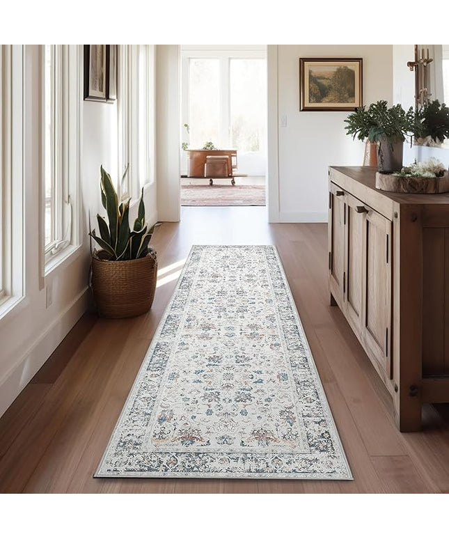 jinchan Runner Rug 2x6 - Hallway Rug Kitchen Washable Runner Vintage Floral Boho Lightweight Thin Non-Slip Retro Distressed Carpet for Entryway Bathroom Bedroom Laundry Room Grey Multi